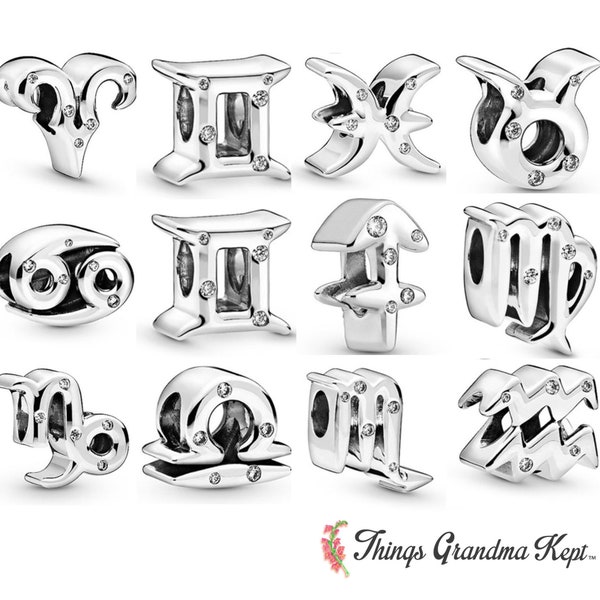 Sterling Silver & CZ Zodiac Symbol Charm Bead, Compatible with All European Charm Bracelets/Pandora