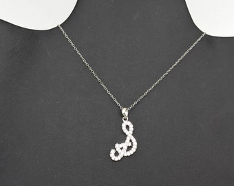 Vintage Sterling Silver & CZ Treble Clef Pendant Necklace - 18"