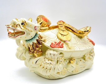 16" Hand Painted, Porcelain Turtle Dragon (Lóngguī) Sculpture