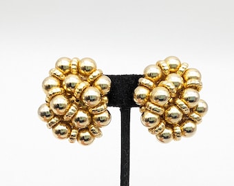 Vintage Designer Gold Beaded Clip on Earrings - 1.5"