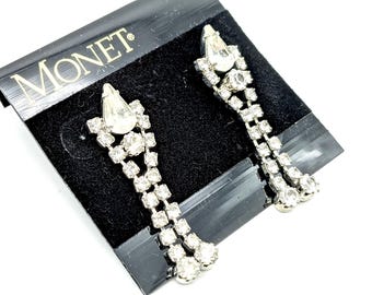 Vintage Monet Silver Tone & Rhinestone Dangle Earrings