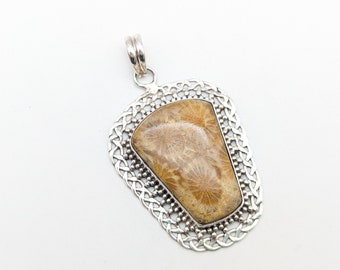 Vintage Fossilized Coral Sterling Silver Pendant