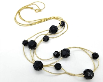 Vintage Double Strand Gold Tone Necklace witih Facted Black Glass Beads - 24"