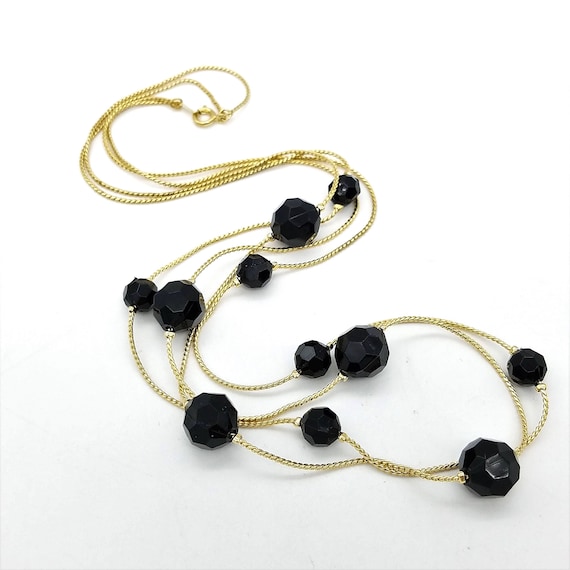 Collier Vintage Deux Rangs Perles De Verre Noir Facetté Et Or - Longueur 36-40 Cm