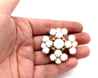 Vintage Milk Glass & Gold Tone Floral Brooch - 1.5"