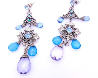 Turquoise & Lavender Glass and Rhinestone Chandelier Dangle Earrings