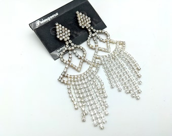 Old Stock Gold Tone & Rhinestone Dangle Prom / Wedding Earrings - 4.75"