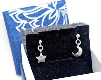 Sterling Silver Sun & Moon Dangle Earrings, Matched or Mismatched, Brushed Silver