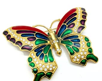 Oversized Purple, Red, Green & Blue Rhinestone Enamel Butterfly Brooch - 4"