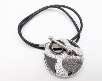 Vintage Lia Sophia Silver & Black Enamel Leather Cord Toggle Pendant Necklace