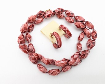 Vintage Faceted Dark Red Beaded Necklace & Hoop Earrings Set