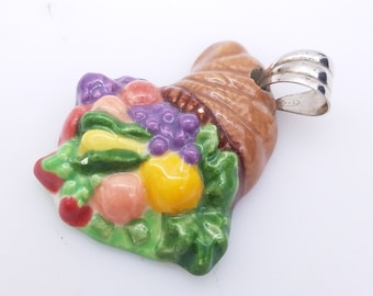 Sterling & Hand Painted Ceramic Horn of Plenty Pendant