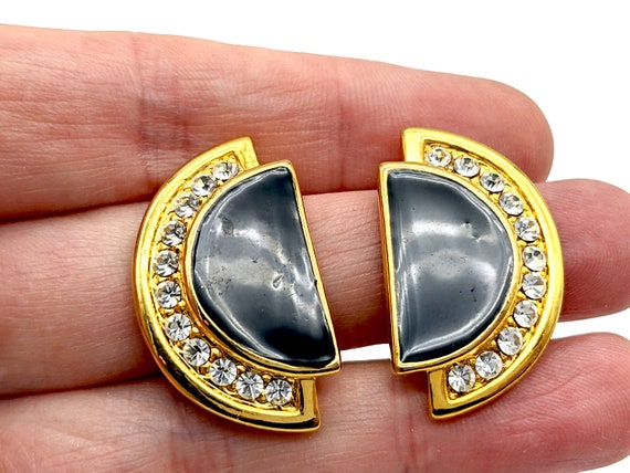 Boucles D'oreilles Clous Vintage Art Déco - Argent 925, Strass Blanc, émaillées Noir - Occasion - Royaume-Uni