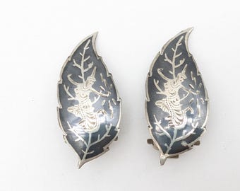 Niello Sterling Silver and Black Enamel Manimekhala Siam Goddess Leaf Clip Earrings