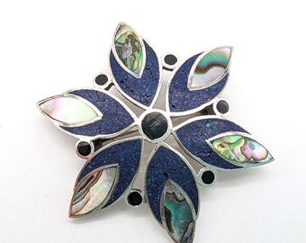 Vintage Sterling, Lapis & Abalone Inlay Sliver Flower Brooch/Pendant, Made in Mexico - 1.5"