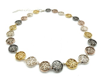 Vintage Four-Color Sterling Silver, Gold Vermeil Viorelli Link Necklace - 16-18" Adjustable