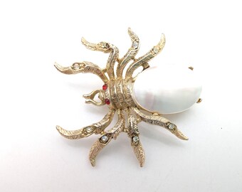 Large Vintage Mother of Pearl & Rhinestone Spider Brooch - 2"