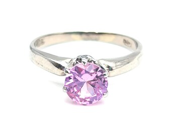 Vintage 10K White Gold & 1.5 Carat Lab Pink Sapphire Solitaire Ring - Size 5.25, Resizeable