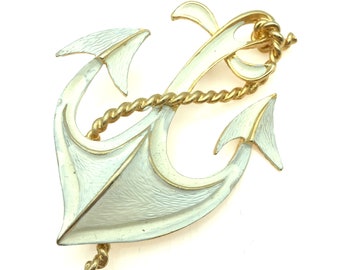 Vintage Gold Tone & White Anchor Brooch