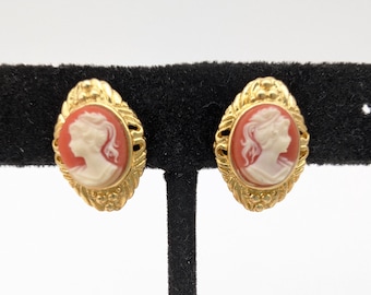 Vintage Gold Tone & Pink Cameo Stud Earrings Signed P