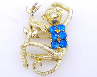Blue Rhinestone Monkey Brooch