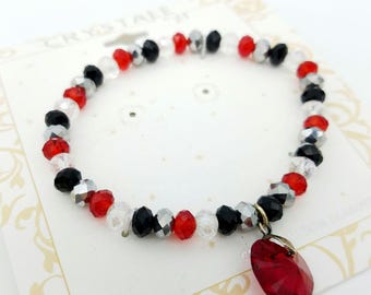Vintage Crystal Bead Stretch Bracelets: Red, White & Silver, Heart Charms