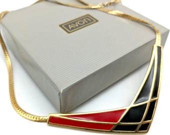 Vintage Avon Gold, Red & Black Enameled Chevron Necklace - 19"