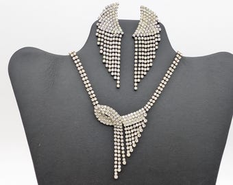 Vintage Silver Tone Rhinestone Waterfall Choker Necklace and Dangle Earrings Set