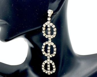 Vintage Silver Tone & Rhinestone Dangle Prom / Wedding Earrings