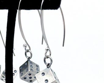 Oxidized Sterling Silver Dice Charm Earrings: Antiqued Dice Earrings