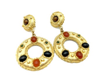 Hansen Design 1980s Gold Tone Clip Dangle Designer Earrings - 3.5"