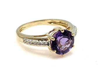 Vintage 14K Gold, Amethyst & Diamond  Solitaire Ring - Size 6
