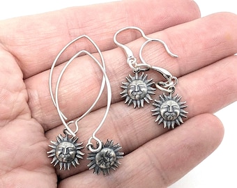 Oxidized Sterling Silver Sun Charm Earrings: Antiqued Silver, Sun Face Earrings