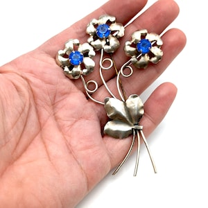 Large Vintage Sterling Silver & Blue Rhinestone Flower Brooch - 3.75&quot;