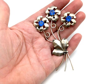 Large Vintage Sterling Silver & Blue Rhinestone Flower Brooch - 3.75"