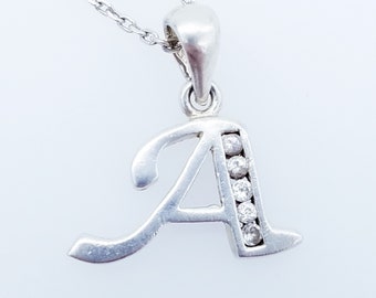 Vintage Sterling Silver & CZ Letter "A" Pendant Necklace - 18"