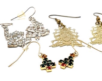 3 pairs of Vintage Christmas Tree Dangle Earrings