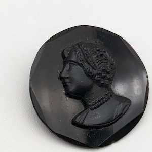 Antique Czech Black Jet Glass Cameo Brooch - 30mm