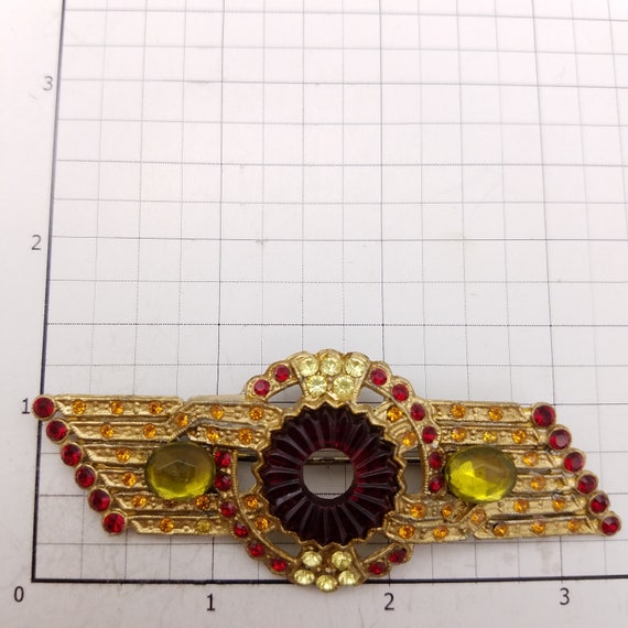 Rare Art Deco Red Glass & Gold Tone Brooch With R… - image 8