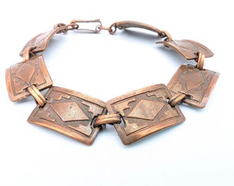 Vintage Navajo Style Etched Copper Link Bracelet - 7.5"