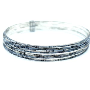 Set of 7 Oxidized, Etched Sterling Silver Bangle Bracelets 1mm Each, Connected