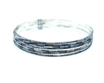 Set of 7 Oxidized, Etched Sterling Silver Bangle Bracelets 1mm Each, Connected