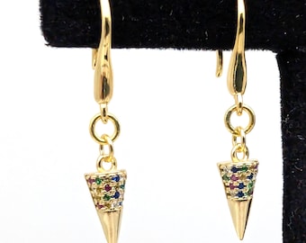 Gold Vermeil Sterling Silver Rainbow CZ Dangle Earrings; Cone Earrings