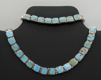 Vintage Sterling Silver & Turquoise Inlay Link Necklace and Bracelet Set