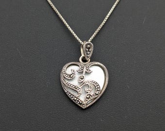 Sterling Silver, Marcasite & Mother of Pearl Heart Pendant Necklace - 18"