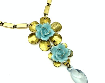 Blue Porcelain Rose Flower & Brass Pendant Necklace