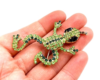 Green Rhinestone Studded Garden Lizard / Gecko Brooch - 2.75"