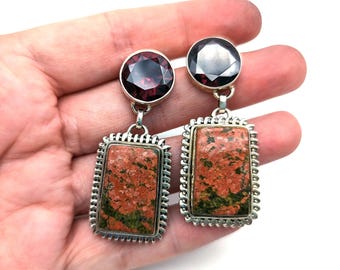 Vintage Artisan Unakite, Garnet & Sterling Silver Dangle Statement Earrings