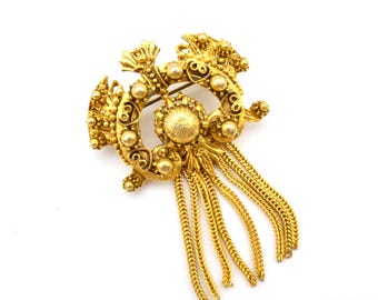 Gold Plated Florenza Tassel Dangle Chain Brooch or Pendant