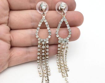 Gold Tone & Rhinestone Long Dangle Prom / Wedding Earrings - 3.25"